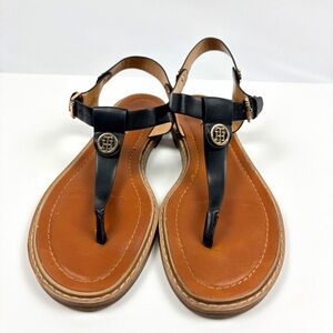 Tommy Hilfiger Black Leather Thong Sandals Gold Logo Size 10M